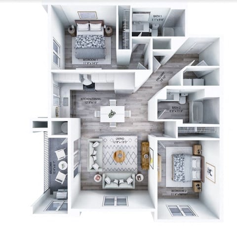 Floor plan for 2 beds, 2 baths, 1143 sqft